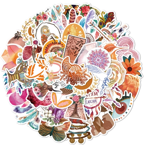 50Pcs Bohemian Aesthetic Stickers Waterproof Vinyl Boho Decals For Laptop Suitcase Water Bottle Skateboard Scrapbooking Art Decor