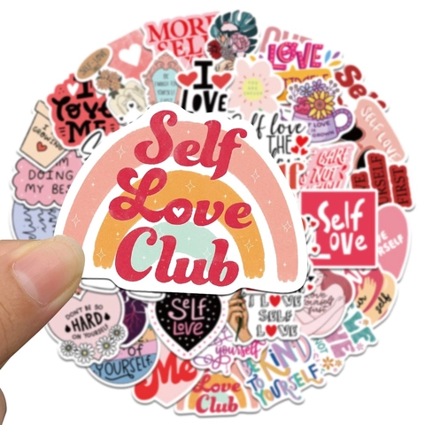 Adesivi in PVC Impermeabili Self Love Club per Laptop Cellulare Tazza d'Acqua Citazioni Ispiratrici Cuore Fiore Arcobaleno Decalcomanie