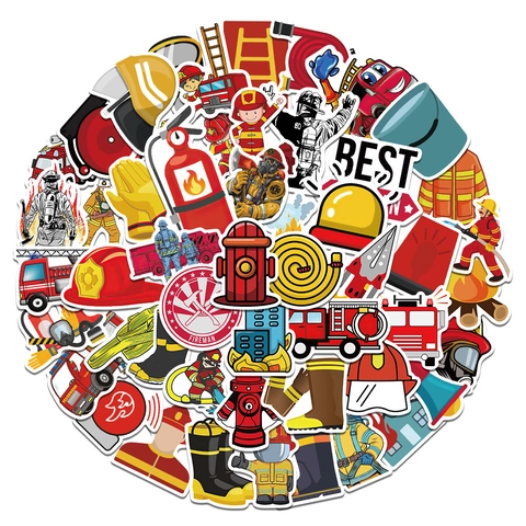 Waterproof Firefighter Cartoon Stickers For Laptop Water Bottle Luggage Scrapbook Fire Truck Fireman Helmet Decals DIY Decoration