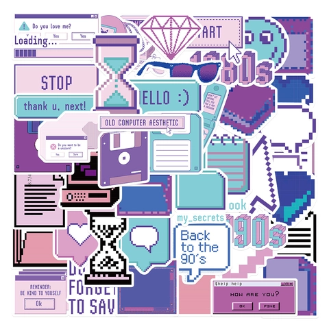Purple Cartoon Pixel Art Graffiti Stickers Retro Vaporwave Aesthetic PVC Waterproof Decals For Laptop Skateboard Guitar