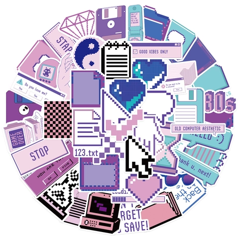 Purple Cartoon Pixel Art Graffiti Stickers Retro Vaporwave Aesthetic PVC Waterproof Decals For Laptop Skateboard Guitar