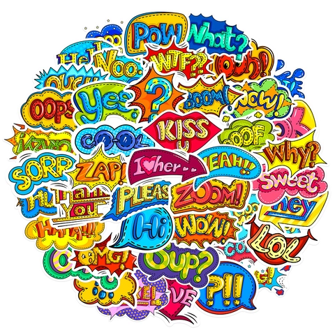 Autocollants en PVC Imperméables pour Ordinateur Portable Gourde Bagages Skateboard Pop Art BD Phrases Onomatopées Pack Décoration DIY