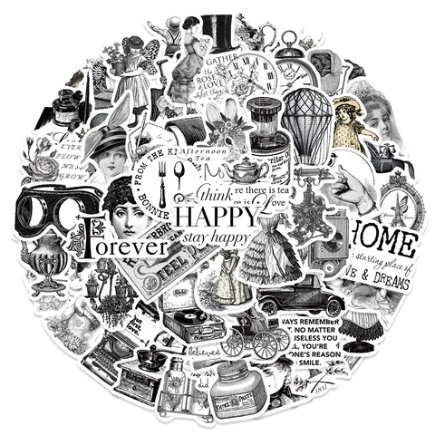 Rétro Vintage Noir et Blanc Autocollants en PVC Décalcomanies Décoratives pour Scrapbooking Valise Laptop Imperméable DIY Art
