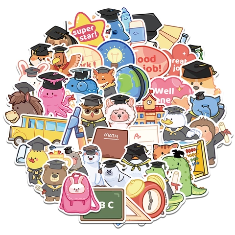Adesivi per Laurea con Animali a Cartoni Animati in PVC Impermeabile Decalcomanie per Borracce Laptop Scrapbooking Premi per Studenti