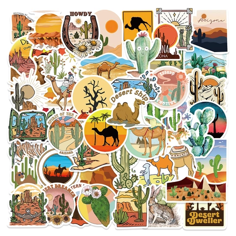 Adesivi Impermeabili a Tema Deserto Cactus Cammello Arizona Western Retro Decalcomanie per Laptop Bagaglio Borraccia Cellulare
