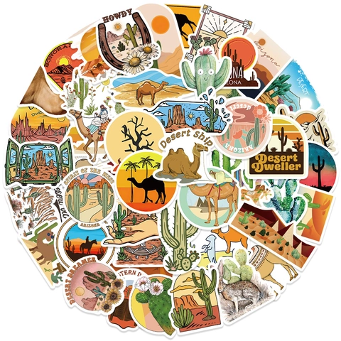 Adesivi Impermeabili a Tema Deserto Cactus Cammello Arizona Western Retro Decalcomanie per Laptop Bagaglio Borraccia Cellulare