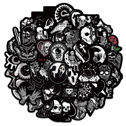 Waterproof Gothic Horror Stickers Vinyl Black And White Punk Decals Skull Rose Coffin Designs For Laptop Helmet Computer Water Bottle Car DIY Decoration
