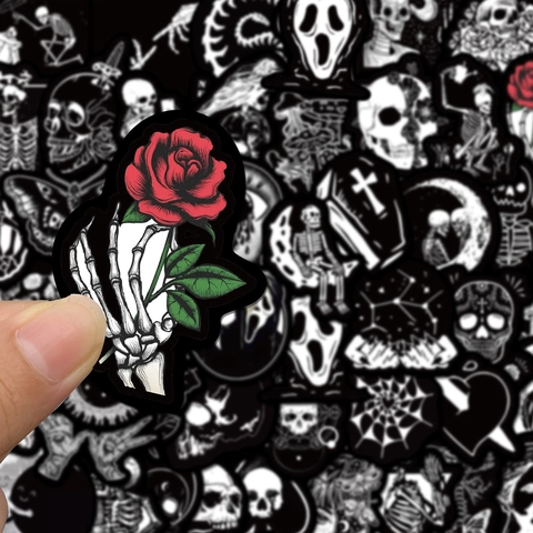 Waterproof Gothic Horror Stickers Vinyl Black And White Punk Decals Skull Rose Coffin Designs For Laptop Helmet Computer Water Bottle Car DIY Decoration