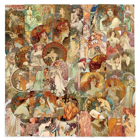 Vintage Mucha Art Nouveau PVC Aufkleber Für Laptop Gepäck Handkonto Dekorative Figuren Blumen Wasserdicht Retro Dekor