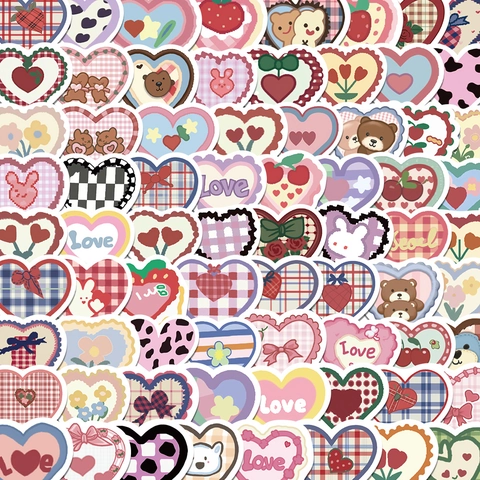 Adesivi Vintage a Cuore a Quadretti per Diario Cover Cellulare Decorazione DIY Impermeabili Animali Frutta Cancelleria