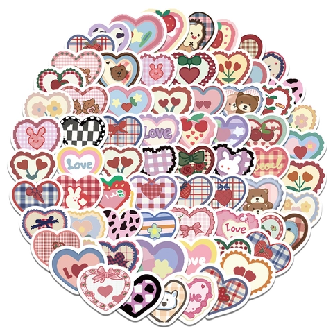 Adesivi Vintage a Cuore a Quadretti per Diario Cover Cellulare Decorazione DIY Impermeabili Animali Frutta Cancelleria