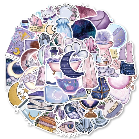 50 Pièces Violet Lune Magique Mystique Sorcière Autocollants Imperméable PVC Décalcomanies pour Valise Ordinateur DIY Esthétique