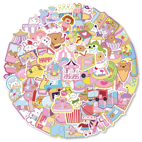 Cartoon Attractiepark Beer Konijn Carrousel Waterdicht PVC Stickers Voor Scrapbooking Journaling Telefoonhoesje Decoratie Stickers