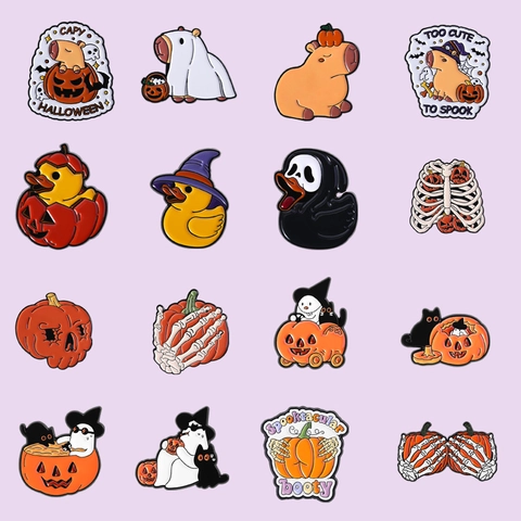 Halloween Enamel Brooch Pin Set Cute Cartoon Capybara Duck Ghost Pumpkin Black Cat Badge Jewelry Gift For Women Men Kids