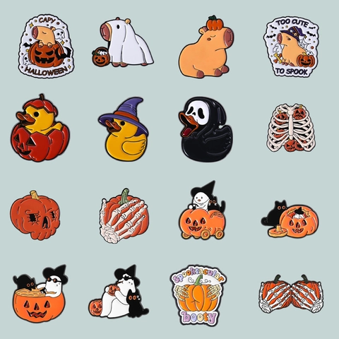 Halloween Enamel Brooch Pin Set Cute Cartoon Capybara Duck Ghost Pumpkin Black Cat Badge Jewelry Gift For Women Men Kids