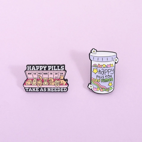 Épingle en Émail Happy Pills Dessin Animé Chiot Mignon Flacon de Médicament Broche en Alliage Badge de Bijoux de Guérison pour Sac à Dos