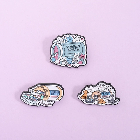 Creative Serotonin Booster Zinc Alloy Enamel Brooch Pins Cute Cartoon Cat Book Dog Medical Bottle Lapel Badge Pins Gift
