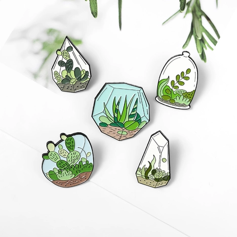 Creative Alloy Enamel Brooch Featuring Cactus Succulent Plants In Terrarium Designs For Women Men Botanical Lapel Pin Jewelry Accessory