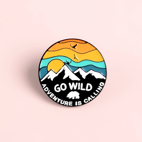 Adventure Is Calling Enamel Pin Go Wild Round Alloy Brooch Sunset Mountain Bear Badge For Backpack Clothing Outdoor Jewelry