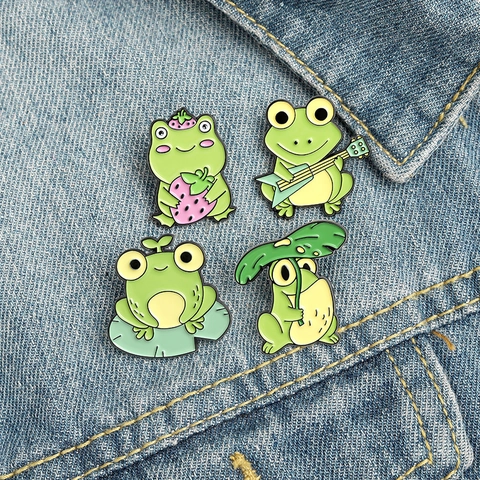 Cute Cartoon Frog Enamel Pin Brooch Strawberry Guitar Lotus Leaf Motif Alloy Badge Accessory For Students Women Kids