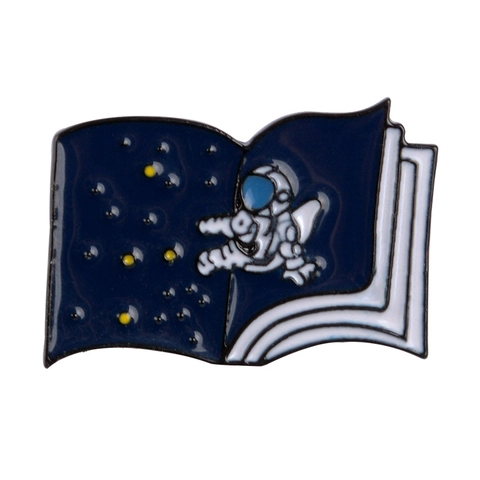Cartoon Astronaut In Starry Sky Open Book Enamel Brooch Pin Alloy Space Theme Badge For Backpack Denim Jacket Decor Jewelry