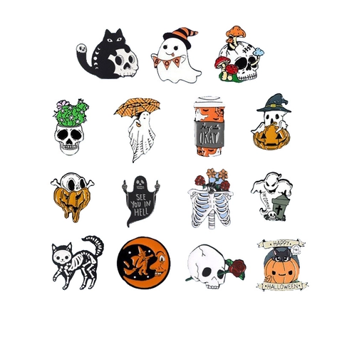 Broches en Émail Halloween Crâne Gothique Citrouille Fantôme Badges en Métal Alliage pour Vêtements Sacs Dos Femme Homme Bijoux