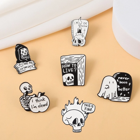 Ensemble de Broches en Émail Crâne Gothique Punk Noir Blanc Fantôme Faucheuse Badges pour Vêtements Halloween