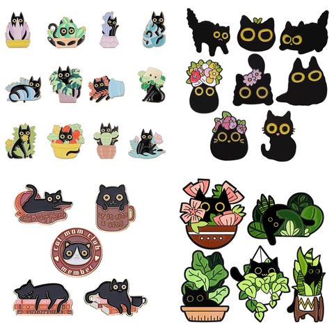 Süße Cartoon Schwarze Katze Emaille Brosche Pin Kreative Pflanze Kaffee Buch Serie Legierung Abzeichen Für Kleidung Rucksack Zubehör Unisex
