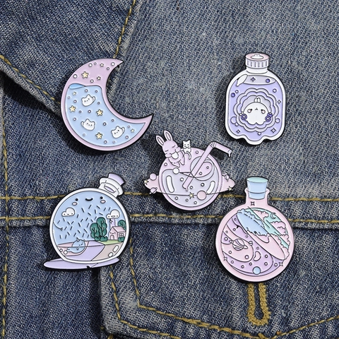Lindo Broche de Esmalte de Dibujos Animados Pin Botella a la Deriva Conejo Luna Estrella Diseño Aleación Pin de Solapa para Mujeres Niñas Niños Joyería de Moda Regalo