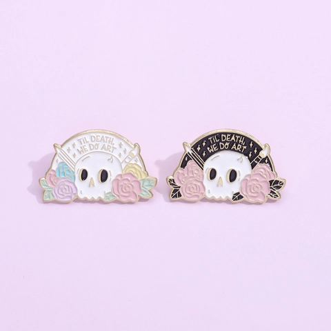 Gothische Künstlerische Totenkopf Rose Emaille Brosche Pin Til Death We Do Art Schriftzug Legierung Abzeichen Für Rucksack Kleidung Dekoration