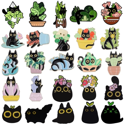 Cartoon Schwarze Katze Blume Emaille Brosche Pin Niedliche Tier Topfpflanze Legierung Abzeichen Für Kleidung Rucksack Zubehör Unisex Schmuck