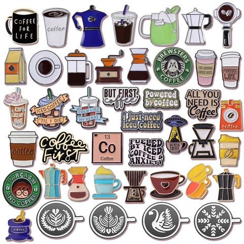 Creative Alloy Enamel Coffee Brooch Pin Moka Pot Barista Slogan Badges Cartoon Coffee Cup Drink Jewelry For Backpack Clothing