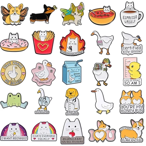 Divertido Pin de Esmalte de Animales de Dibujos Animados Humorístico Lindo Corgi Gato Ganso Rana Broche de Aleación Lacado
