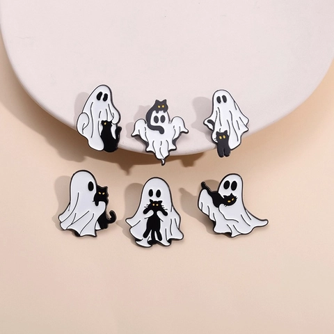 Halloween Ghost And Black Cat Brooch Pins Zinc Alloy Enamel Cartoon Cute Badges For Clothes Backpack Decor Accessory
