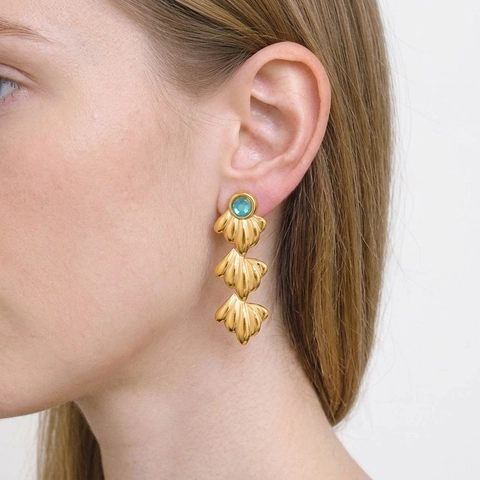 Lange Gestufte Muschel Ohrringe Edelstahl Blau Zirkon Inlay 18K Gold Plattiert Wasserdicht Lange Baumeln Schmuck Für Damen