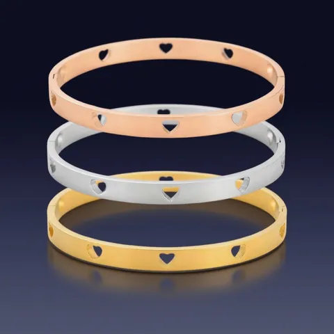 Brazalete de Acero Inoxidable para Mujer con Corazón Calado Plateado en Oro y Plata Brazalete Geométrico Joyería de Moda Regalo para Mujer
