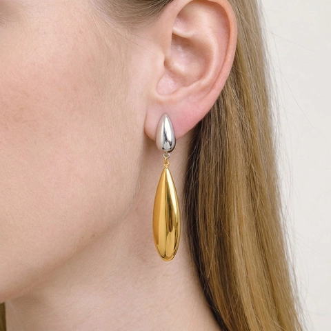 Two-Tone Wassertropfen Ohrhänger Edelstahl Gold Silber Geometrisch Minimalistisch Hypoallergen Wasserdicht Für Frauen