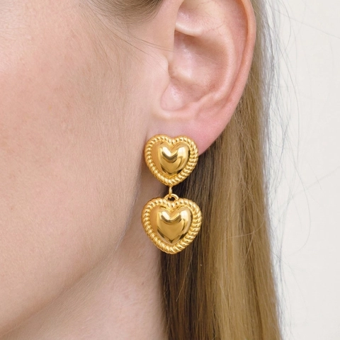 Double Layer Heart Drop Earrings 304 Stainless Steel Rope Texture PVD Gold Plated Waterproof Hypoallergenic For Women