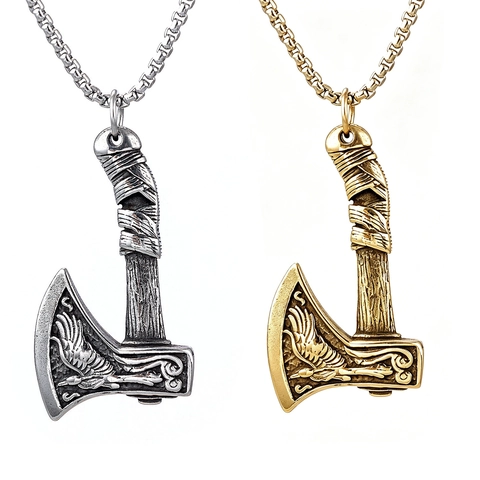 Collier Pendentif Hache Viking En Acier Inoxydable Vintage Nordique Double Face Relief Corbeau Bijoux Punk Pour Hommes