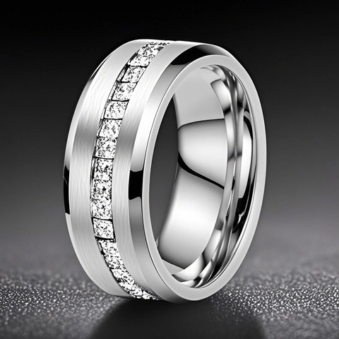 Men's Stainless Steel Brushed Band Ring With Square Zirconia Inlay Non-Fading Fashion Jewelry Trendy Finger Ring Gift