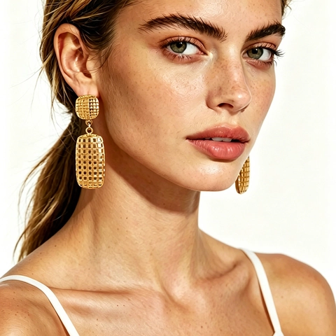 Geometric Checkered Pattern Dangle Earrings Women 18K Gold Plated Stainless Steel Retro Square Rectangular Jewelry