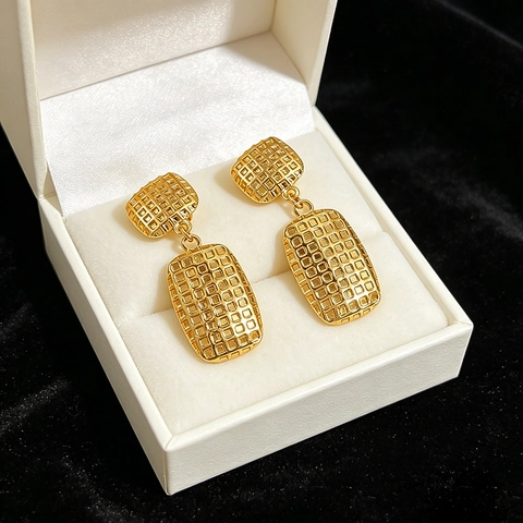 Geometric Checkered Pattern Dangle Earrings Women 18K Gold Plated Stainless Steel Retro Square Rectangular Jewelry