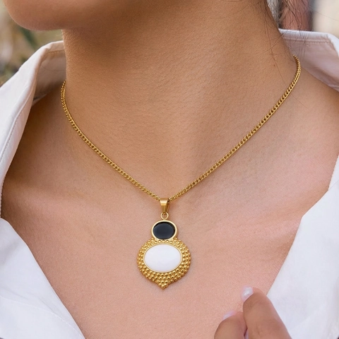 Collana E Orecchini In Acciaio Inossidabile Geometrico Ovale Smalto Nero Bianco Impermeabile Vintage Elegante Donna