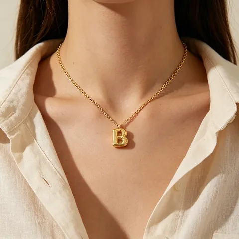 Collana Con Iniziale Bolla 3D Da Donna Ciondolo Alfabeto Palloncino Gonfio Acciaio Inossidabile Placcato Oro 18K