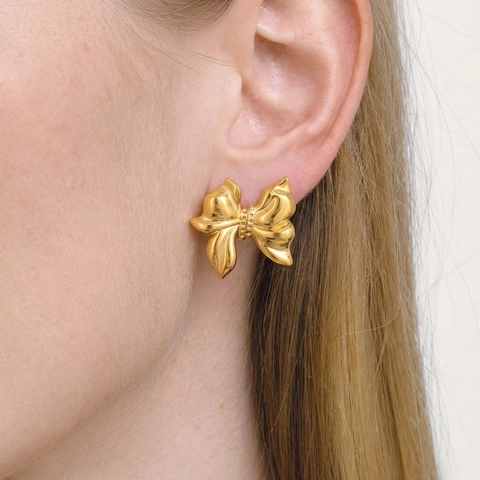 Juego de Pendientes de Botón con Lazo de Acero Inoxidable 304 Impermeable y Anillo Ajustable Joyería Color Dorado para Mujer