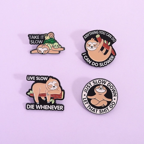 Mignonnes Broches en Émail de Paresseux Humour Dessin Animé Escargot Tortue Pins en Métal Paresseux Méditation Badges pour Sac à Dos Vêtements