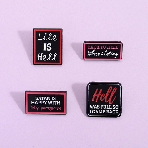 Broche de Aleación Esmaltada Con Cita en Inglés Inspiradora Dibujos Animados Satán Infierno Negro Rojo Letra Insignia Joyería Punk Pin