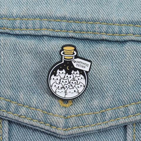 Creative Cartoon Cat Potion Bottle Enamel Brooch Happiness Potion Alloy Badge Pin For Clothes Bags Accessories Jewelry Gift