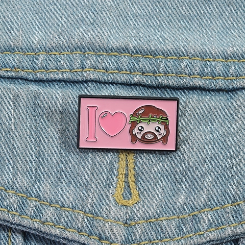 Spilla in Smalto Cartoon Jesus I Heart Jesus Rosa Rettangolare Distintivo in Lega per Decorazione Vestiti Zaino Cappello