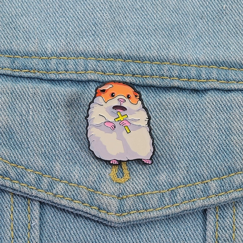 Cartoon Sad Hamster Enamel Pin Holding Yellow Cross Alloy Brooch Badge For Backpack Clothes Accessories Jewelry Gift